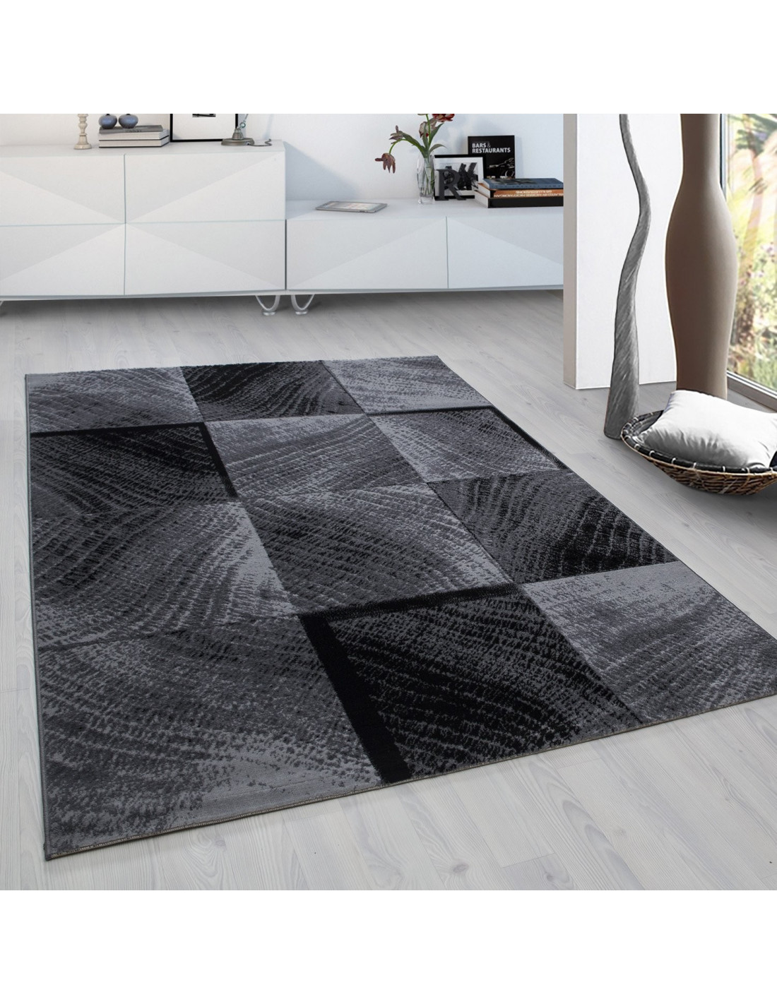 Modern designer living room rug checkered wave motif Plus 8003 black