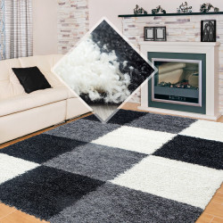 Hoogpolig tapijt geruit zwart en wit grijs