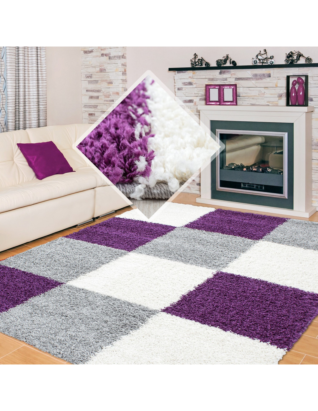 Hoogpolig tapijt poolhoogte 3cm geruit paars wit grijs