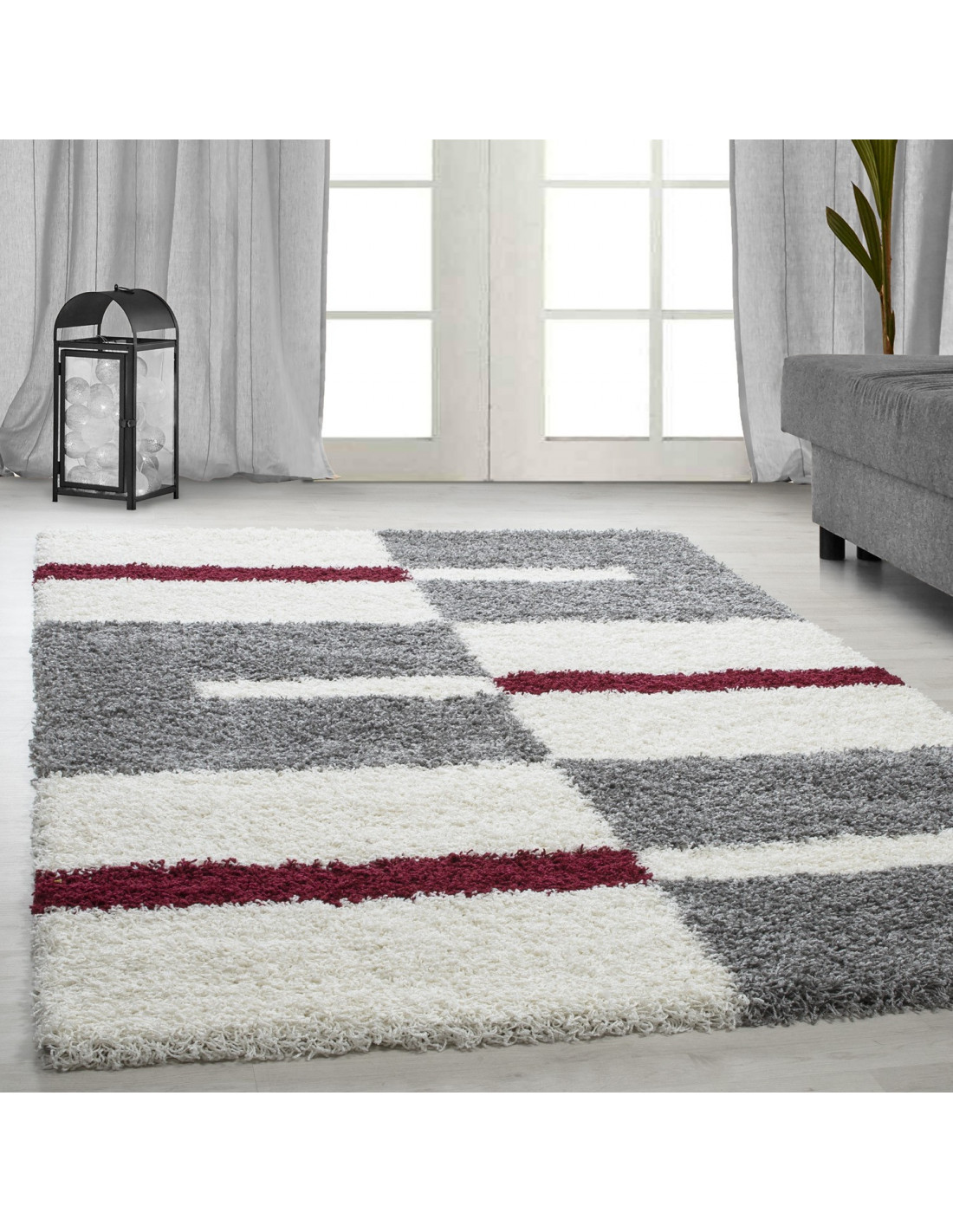Hoogpolig tapijt, poolhoogte 3 cm, grijs-wit-rood