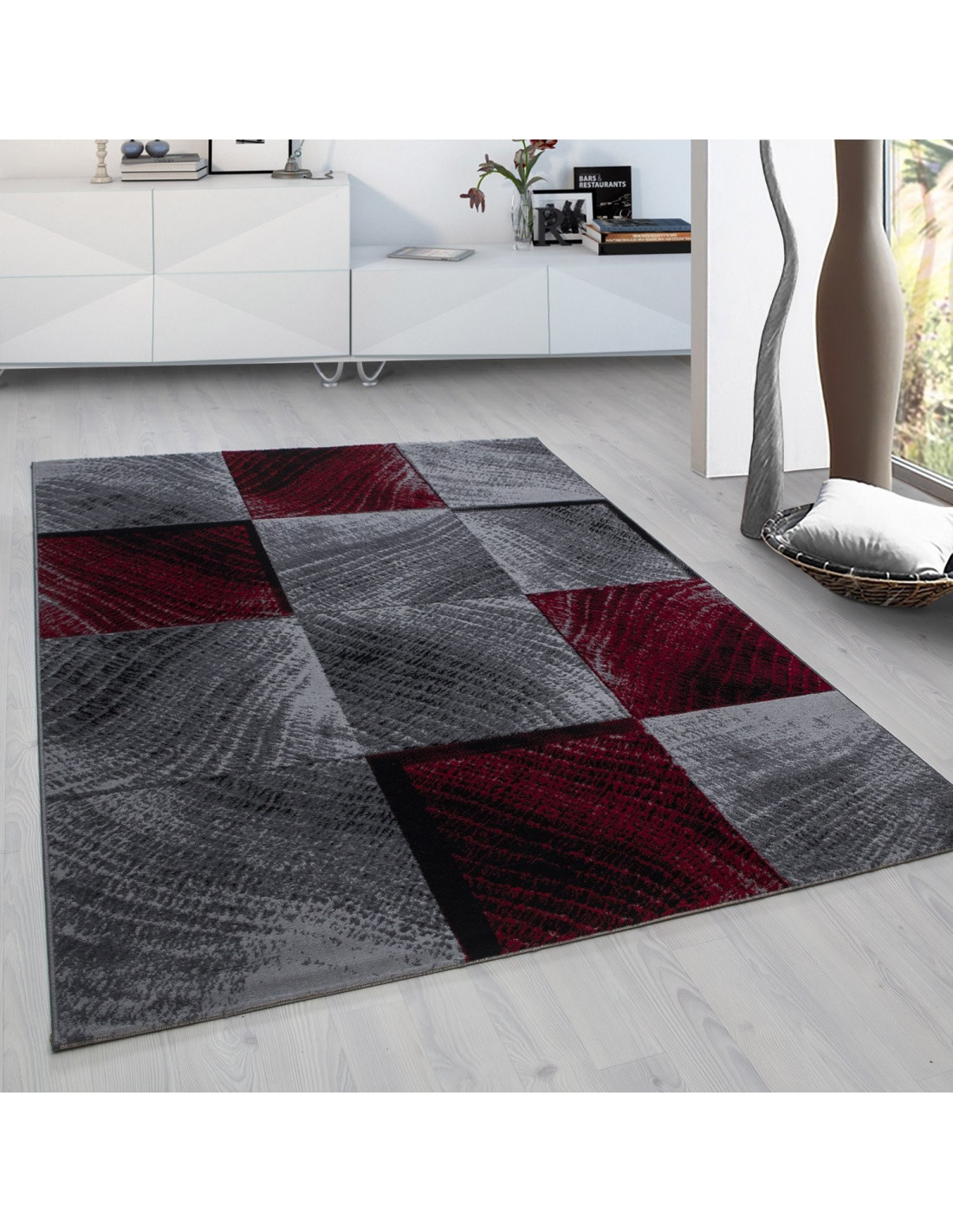 Modern designer living room youth room rug Plus 8003 checkered red
