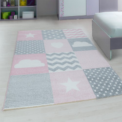 Designer children's room rug with pink motifs