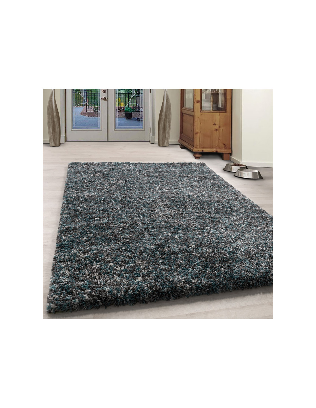 Wohnzimmer Shaggy Teppich Hochwertig  Hochflor Blau Grau Weiß Meliert
