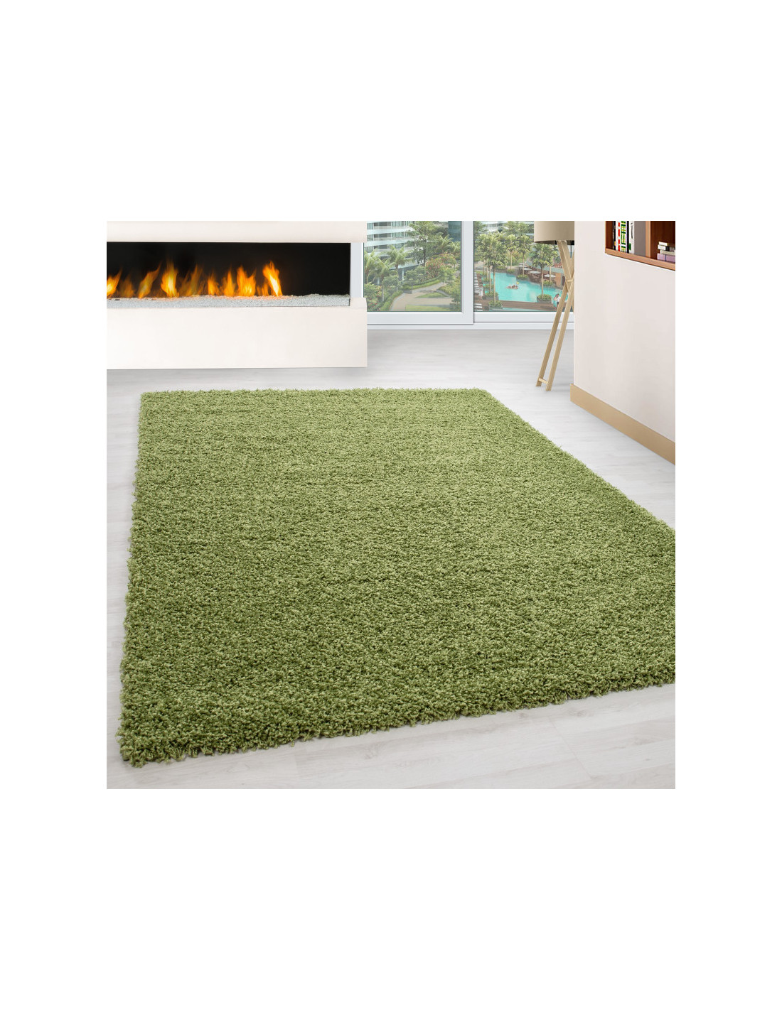 Living room rug, high pile, long pile, Shaggy pile height 3cm, solid green