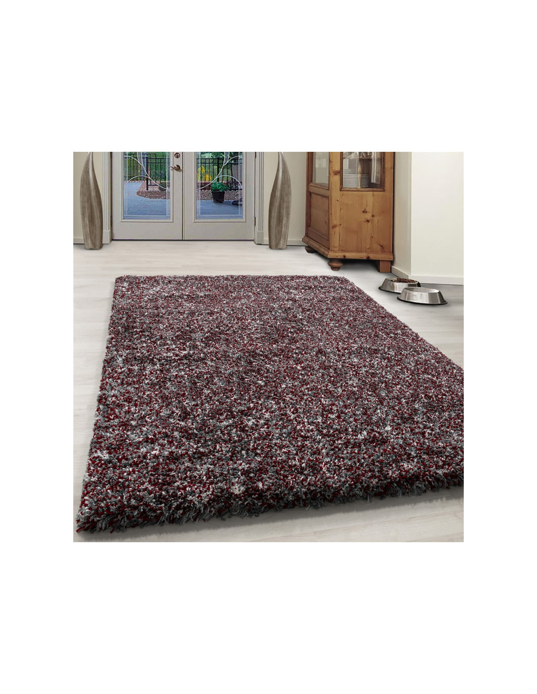 Vardagsrum shaggy matta hög kvalitet lång lugg djup lugg röd vit grå fläckig