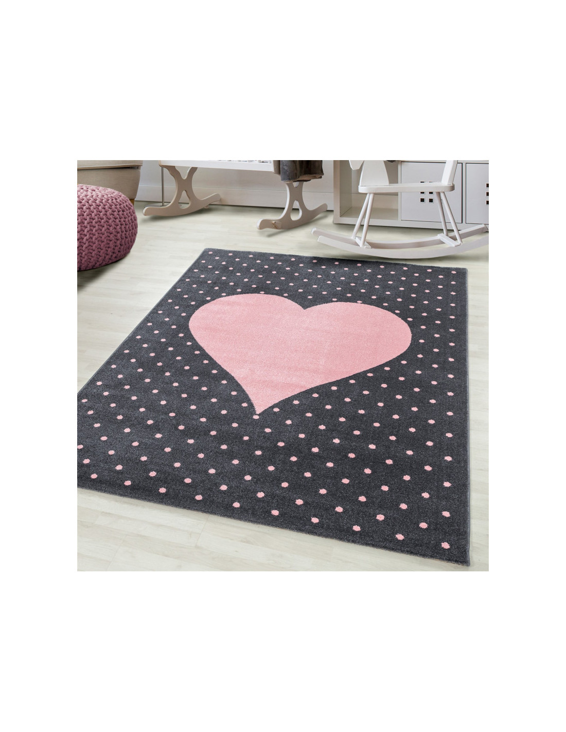 Children's carpet Children's room carpet 3D heart motif pink gray