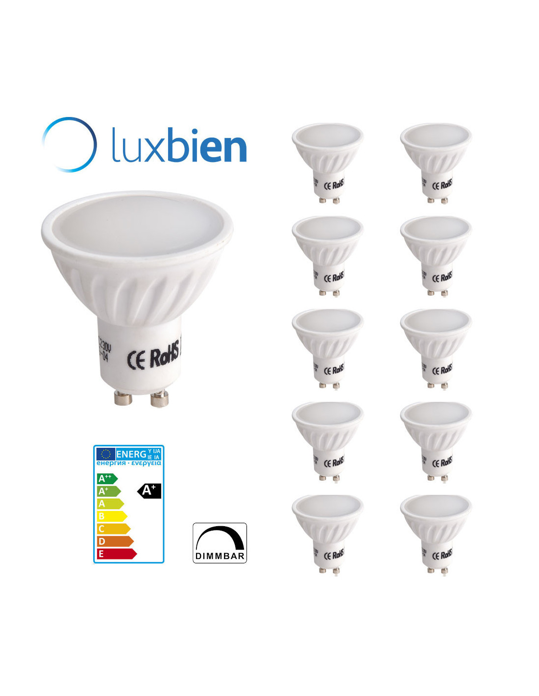 Lámpara LED Gu10 reemplaza halógena 50W blanco cálido 2700-3000K 500lm Regulable LUOKOED® 10 piezas [clase energética A +