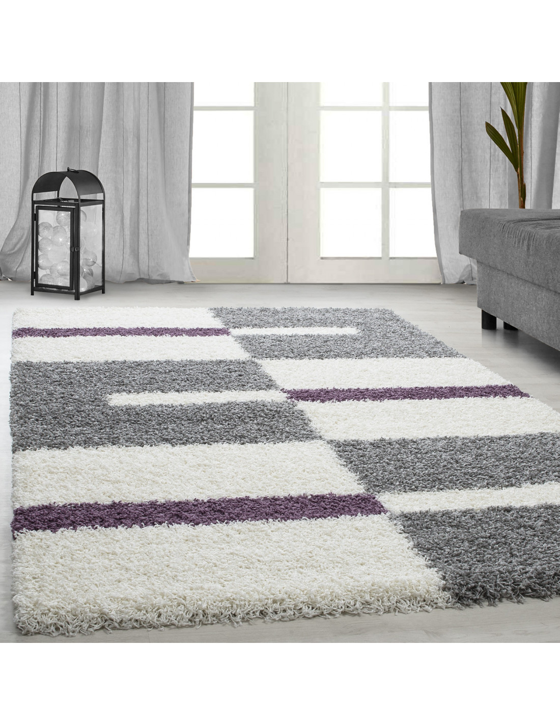 Hoogpolig tapijt, poolhoogte 3 cm, grijs-wit-paars