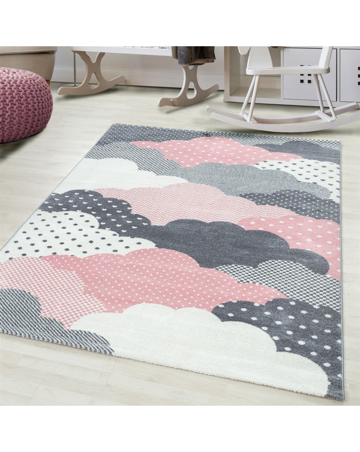 Alfombra infantil, alfombra bebe, habitación infantil, motivo nube, colores  rosa, gris y blanco