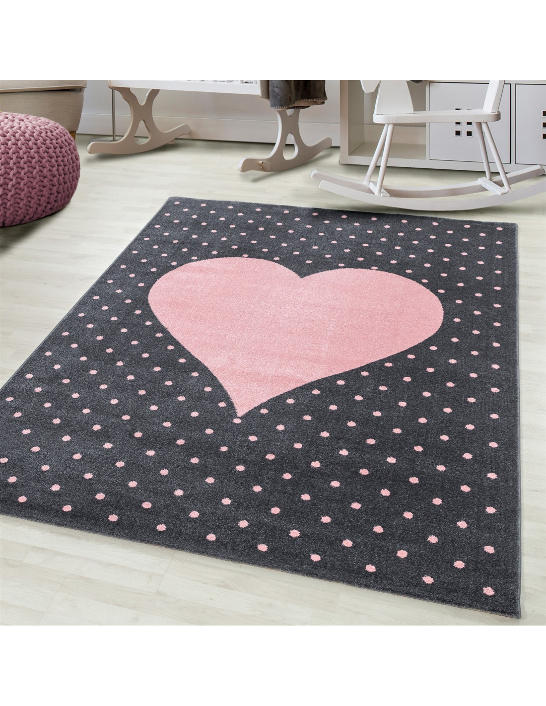 Alfombra infantil habitación infantil alfombra corazón y puntos motivo rosa gris colores 