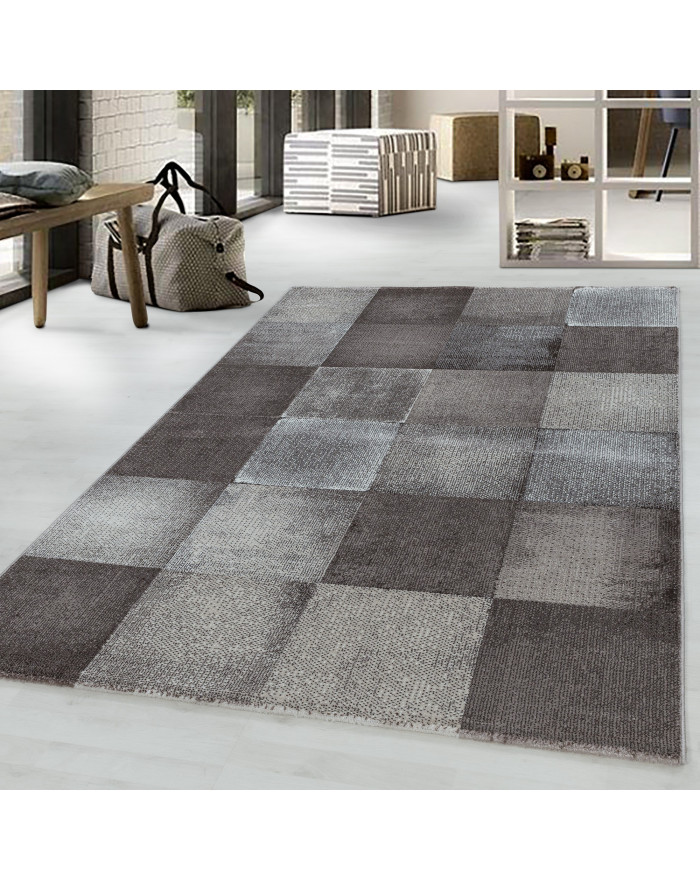 Short Pile Carpet Living Room Square Grid Design Brown