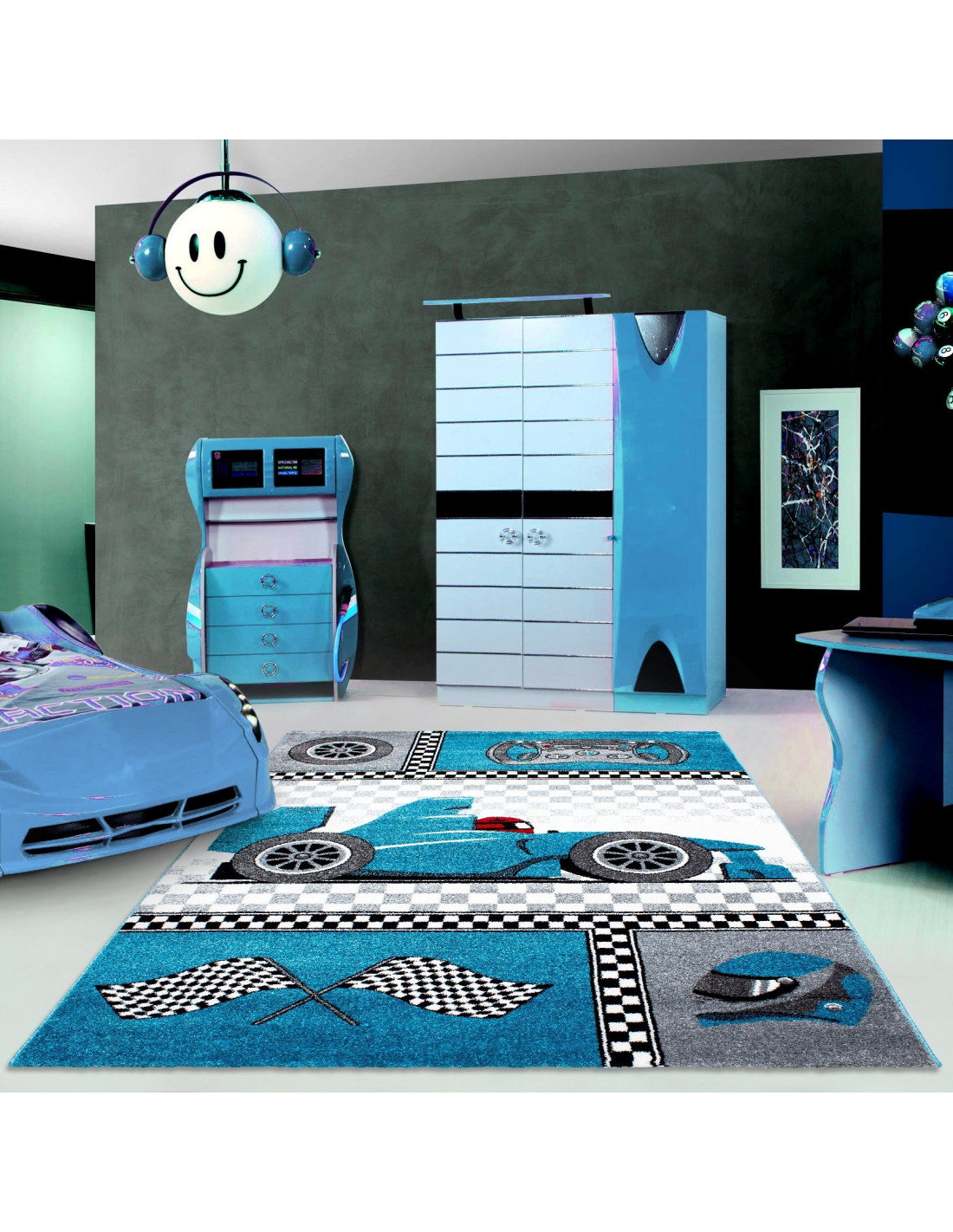 Children's carpet Children's room carpet with motifs Formula 1 racing car Kids 0460 blue