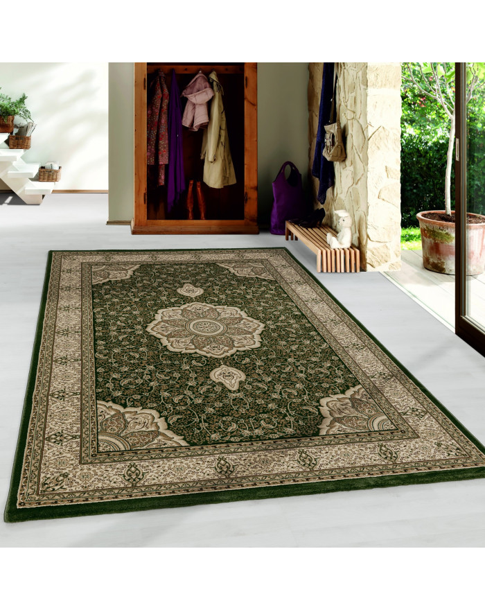 Tappeto da soggiorno, pelo corto, tappeto orientale design, ornamenti  classici, bordo, verde