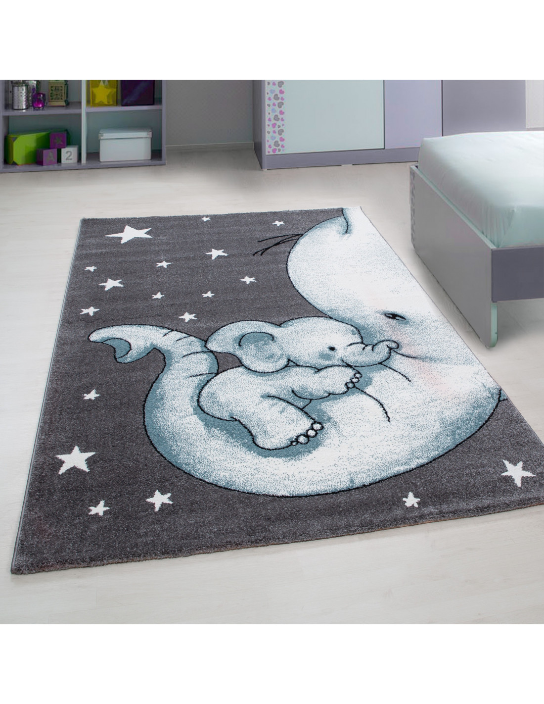 Alfombra infantil alfombra habitación infantil lindo bebé elefante estrella  gris-blanco-azul