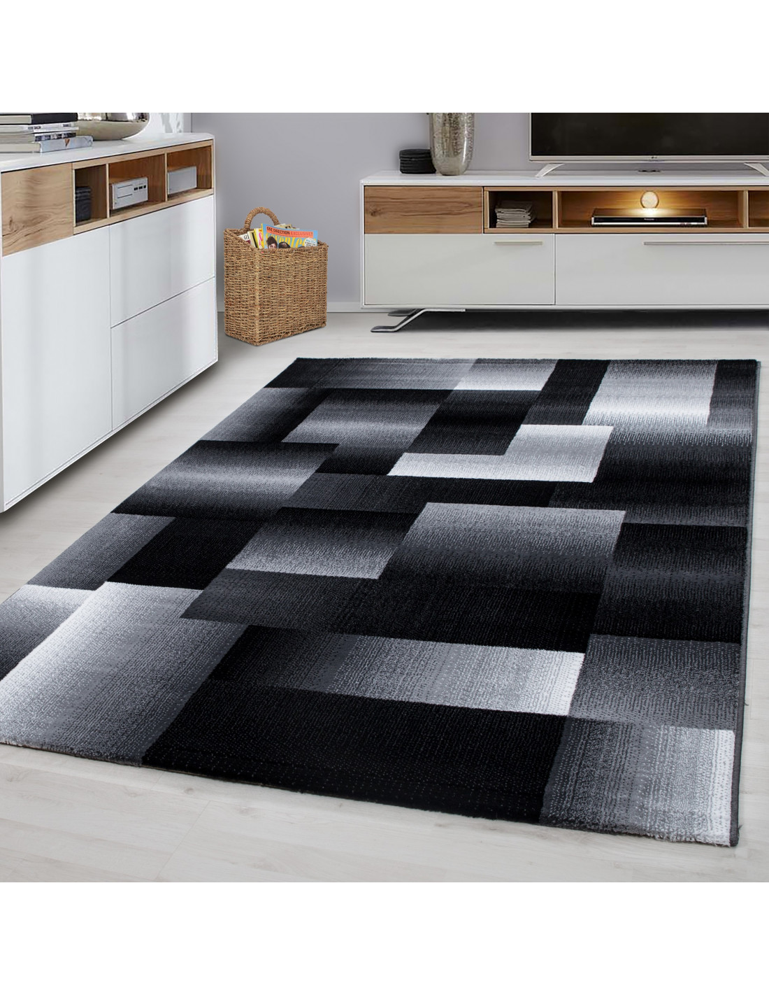 Modern Design Teppich Kurzflor Weiß Muster Schwarz Abstrakt Grau Kariert