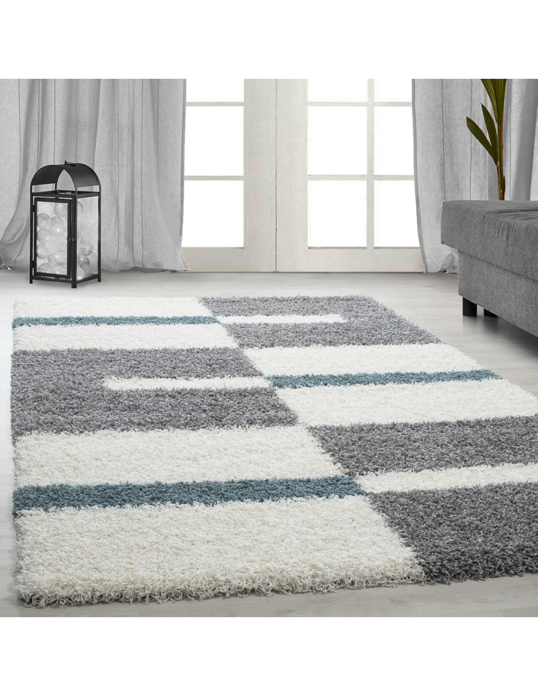 Hoogpolig tapijt, poolhoogte 3 cm, grijs-wit-turkoois