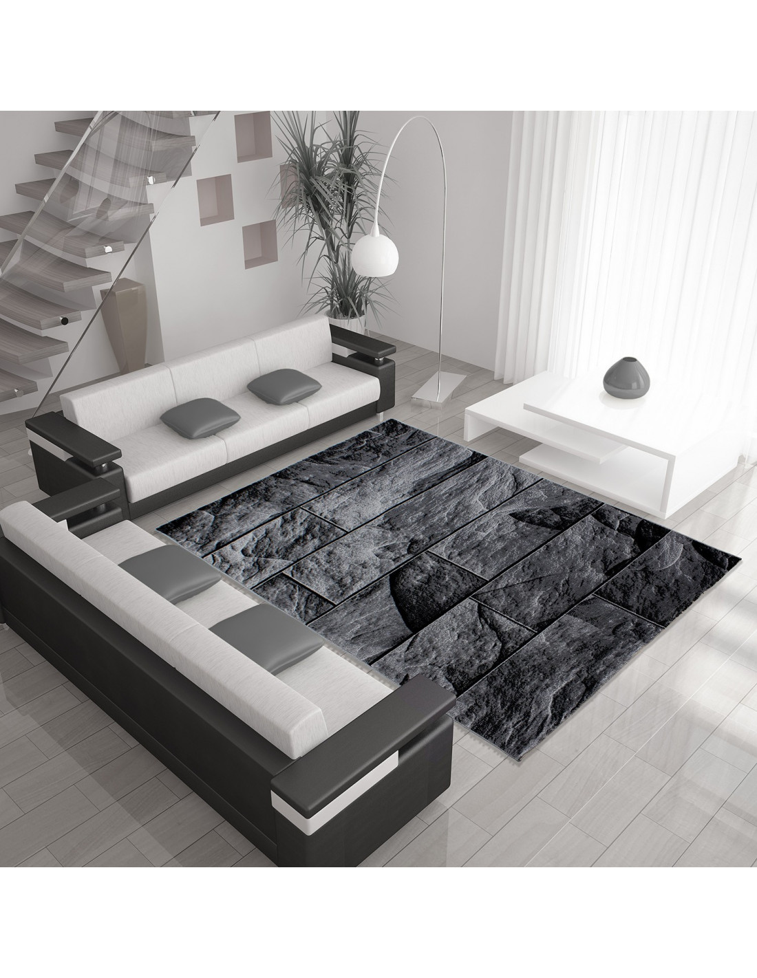 Tapis de salon design moderne avec motif pierre PARMA 9250 noir-gris