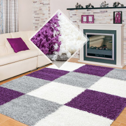 Shaggy carpet pile height 3cm checkered purple white gray