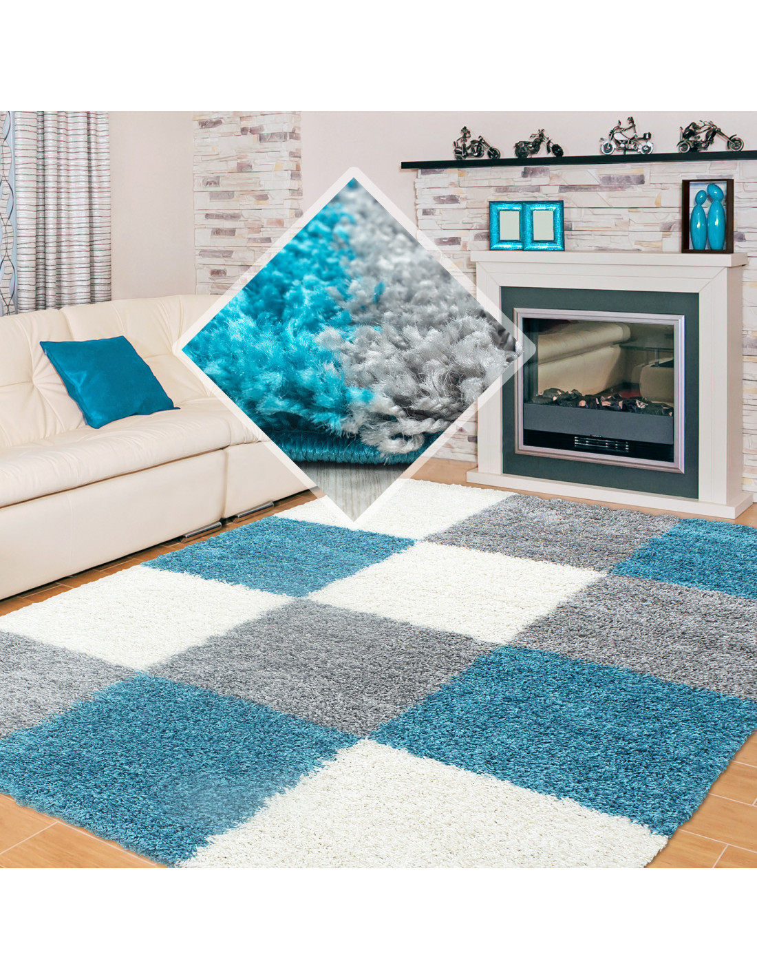 Shaggy carpet with long pile, two colors, different sizes and colors